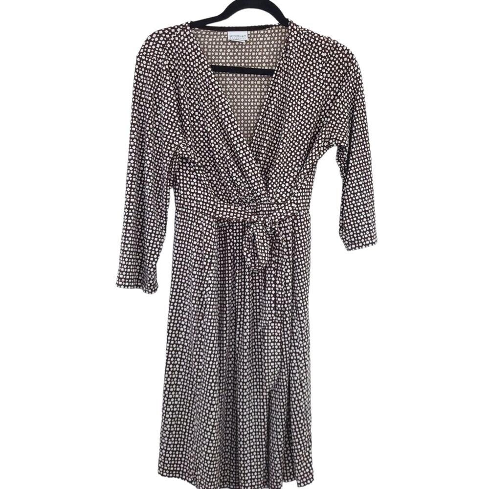 Motherhood Maternity Wrap Dress Large Brown, Cream 3/4 Sleeves, Stretchy